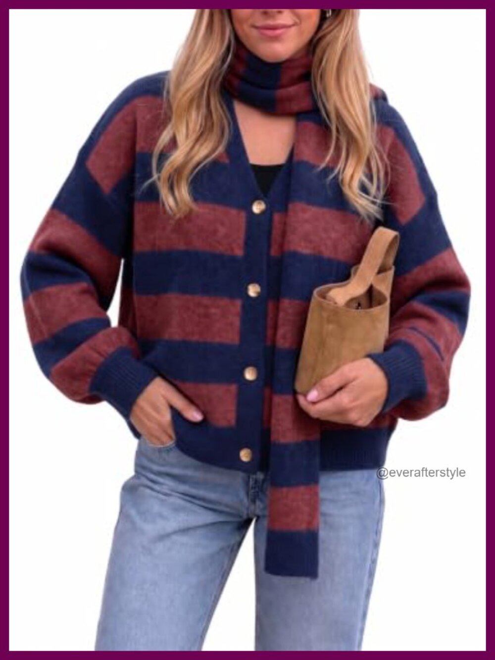 Striped Button Knit Cardigan Long Sleeve Sweater with Scarf